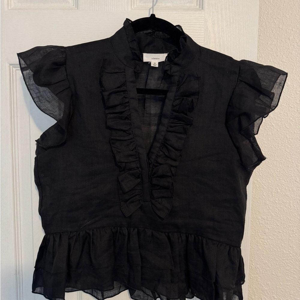 Black Ruffled Peplum Blouse with Flutter Sleeves